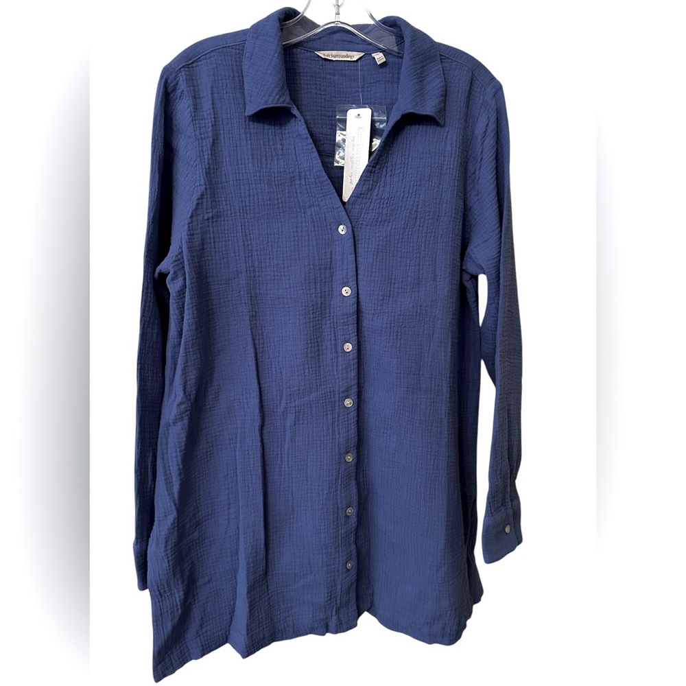 Soft Surroundings Escambia Gauze Tunic Shirt, Blue, long sleeve, size M